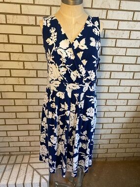 Lands' End Navy and White Floral Wrap-Style Midi Dress